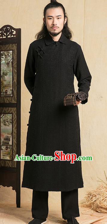 Top Grade Kung Fu Costume Martial Arts Training Plated Buttons Black Long Gown Gongfu Wushu Tang Suit Clothing for Men