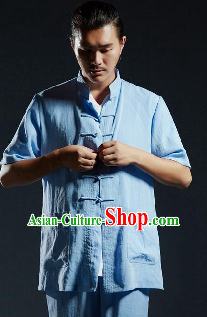 Chinese Kung Fu Costume Martial Arts Plated Buttons Blue Shirts Gongfu Wushu Tang SuitsTai Chi Clothing for Men