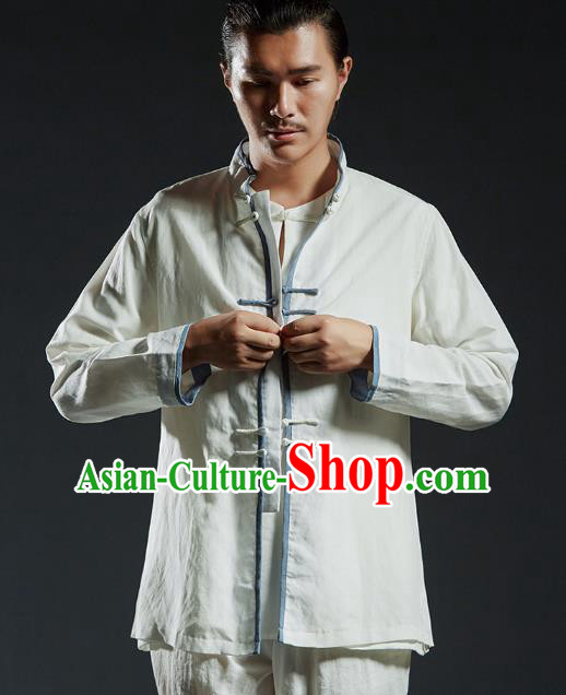 Chinese Kung Fu Costume Plated Buttons White Linen Shirts Martial Arts Gongfu Wushu Tang SuitsTai Chi Clothing for Men