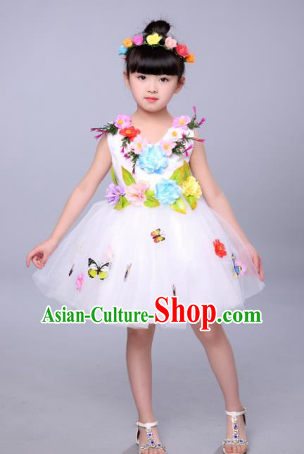 Top Grade Stage Performance Flowers Dance Costume, Professional Modern Dance White Dress for Kids