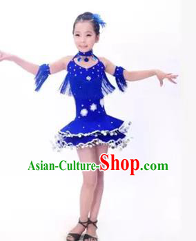 Top Grade Stage Performance Latin Dance Costume, Professional Modern Dance Blue Dress for Kids