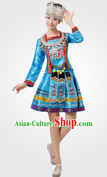 Traditional Chinese Ethnic Costume Chinese Miao Minority Nationality Dance Blue Dress for Women