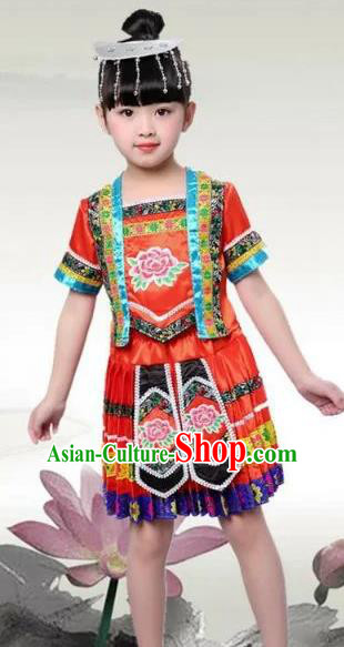 Traditional Chinese Ethnic Costume Red Dress Chinese Miao Minority Nationality Dance Clothing for Kids