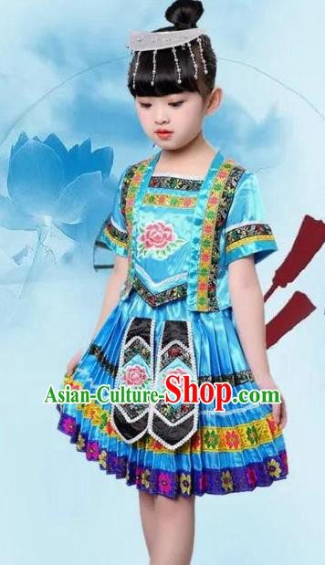 Traditional Chinese Ethnic Costume Blue Dress Chinese Miao Minority Nationality Dance Clothing for Kids