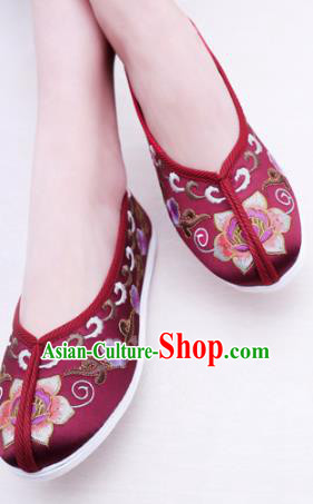 Chinese Traditional Handmade Embroidery Shoes Purplish Red Embroidered Shoes for Women