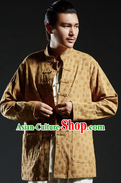 Chinese Kung Fu Martial Arts Gongfu Yellow Tang Suits Costume Wushu Tai Chi Clothing for Men