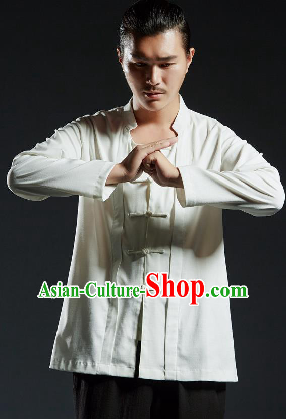 Chinese Kung Fu Martial Arts Gongfu Costume Tang Suit White Shirts Wushu Tai Chi Clothing for Men