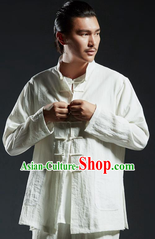 Chinese Kung Fu Shirts Martial Arts White Linen Jacket Gongfu Costume Wushu Tai Chi Clothing for Men