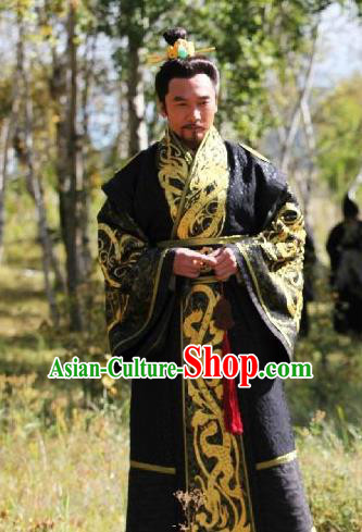 Traditional Chinese Ancient Warring States Period Qin State Emperor Ying Si Replica Costume for Men