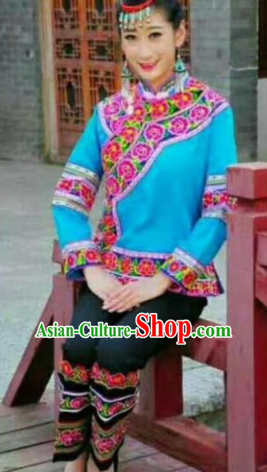 Traditional Chinese Miao Nationality Dance Blue Costume Chinese Hmong Minority Embroidered Costume for Women