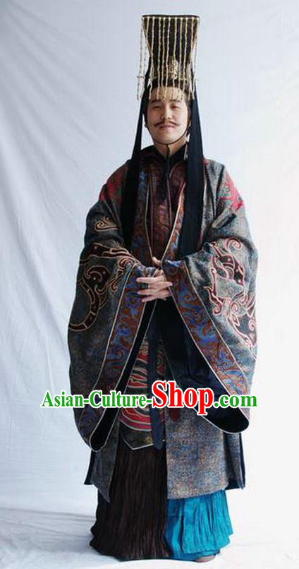 Ancient Chinese Han Dynasty First Emperor Liu Bang Replica Costume and Headpiece Complete Set for Men