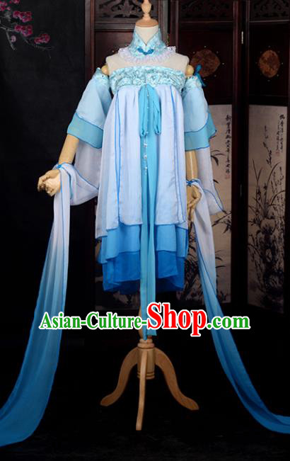 Chinese Ancient Young Lady Costume Cosplay Swordswoman Blue Dress Hanfu Clothing for Women