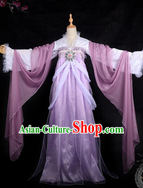 Chinese Ancient Palace Lady Ink Painting Costume Cosplay Swordswoman Purple Dress Hanfu Clothing for Women