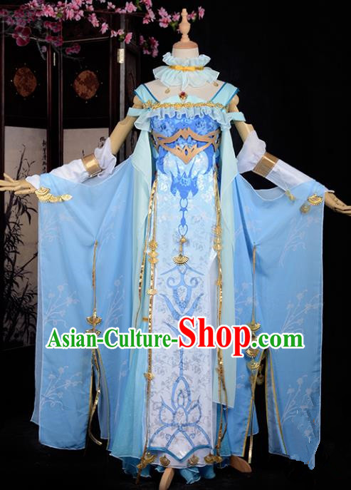 Chinese Ancient Swordswoman Costume Cosplay Tang Dynasty Heroine Blue Dress Hanfu Clothing for Women