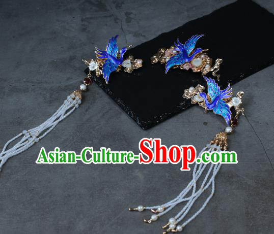 Traditional Chinese Ancient Tassel Blueing Phoenix Hair Stick Classical Hair Accessories Handmade Hairpins for Women