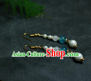 Traditional Chinese Ancient Handmade Hanfu Blue Beads Pearls Earrings for Women