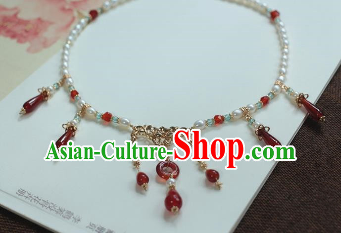Traditional Chinese Ancient Handmade Hanfu Red Agate Necklace for Women