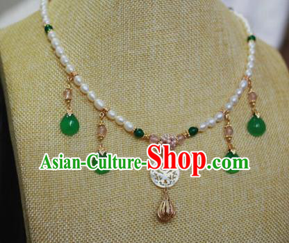 Traditional Chinese Ancient Handmade Pearls Necklet Hanfu Green Jade Necklace for Women