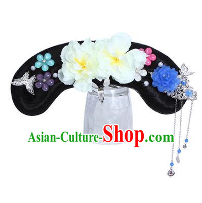 Chinese Ancient Manchu Princess Hair Accessories Wig and White Peony Hairpins Traditional Qing Dynasty Palace Lady Headwear for Kids