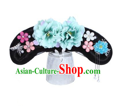 Chinese Ancient Manchu Princess Hair Accessories Wig and Green Peony Hairpins Traditional Qing Dynasty Palace Lady Headwear for Kids