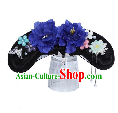 Chinese Ancient Manchu Princess Hair Accessories Wig and Royalblue Peony Hairpins Traditional Qing Dynasty Palace Lady Headwear for Kids