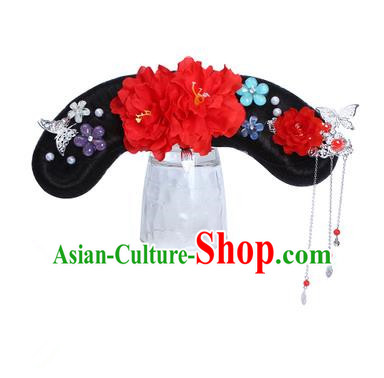 Chinese Ancient Manchu Princess Hair Accessories Wig and Red Peony Hairpins Traditional Qing Dynasty Palace Lady Headwear for Kids