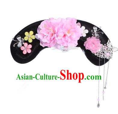Chinese Ancient Manchu Princess Hair Accessories Wig and Pink Peony Hairpins Traditional Qing Dynasty Palace Lady Headwear for Kids