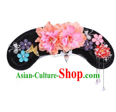 Chinese Ancient Manchu Princess Hair Accessories Wig and Orange Peony Hairpins Traditional Qing Dynasty Palace Lady Headwear for Kids