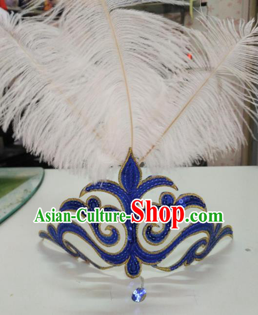 Chinese Classical Dance Blue Hair Accessories Traditional Folk Dance Yanko Dance White Feather Headwear for Women