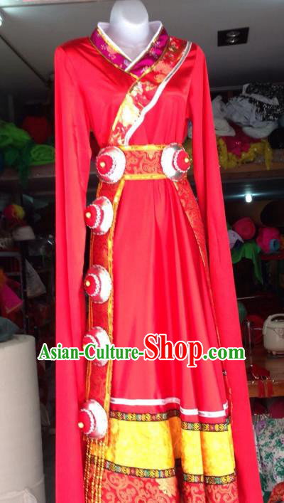 Traditional Chinese Zang Nationality Dance Costume, Folk Dance Tibetan Minority Red Dress for Women