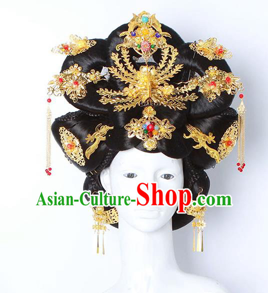 Chinese Ancient Hair Accessories Imperial Consort Wig and Phoenix Coronet Hairpins Traditional Palace Lady Headwear for Women