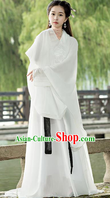 Traditional Chinese Ancient Fairy Costume Tang Dynasty Swordswoman White Hanfu Dress for Women