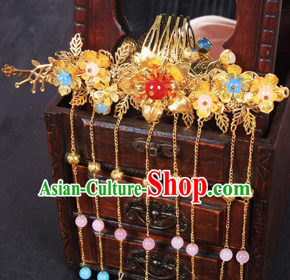 Chinese Ancient Hair Accessories Hanfu Hairpins Golden Phoenix Coronet Traditional Palace Headwear for Women