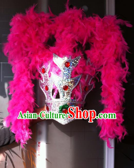 Traditional Samba Dance Hair Accessories Brazilian Carnival Rosy Feather Headdress Headwear for Women