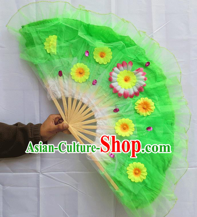 Chinese Traditional Folk Dance Folding Fans Classical Yangko Dance Green Silk Fans for Women