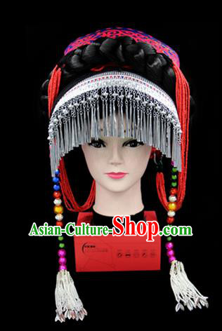 Chinese Traditional Yi Nationality Hair Accessories Yi Ethnic Minority Tassel Rosy Hats Headwear for Women