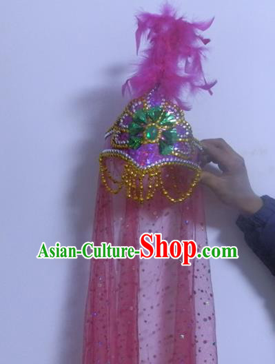 Chinese Traditional Folk Dance Hair Accessories Uyghur Nationality Dance Headwear Pink Feather Hats for Women