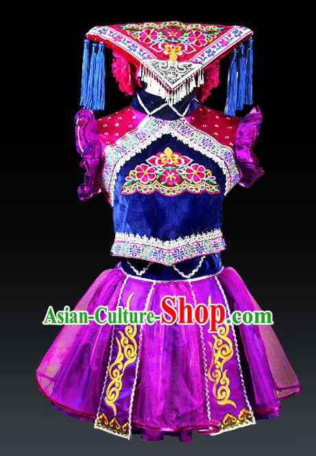 Traditional Chinese Tujia Nationality Dance Costume and Headwear, Hmong Female Ethnic Pleated Skirt Minority Embroidery Clothing for Women
