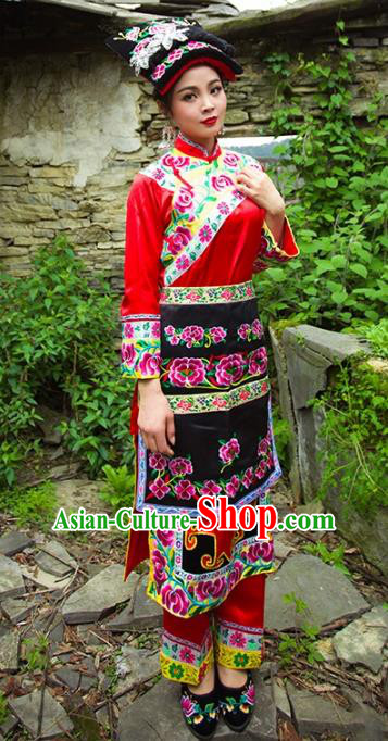 Traditional Chinese Qiang Nationality Dance Costume and Headwear, Female Ethnic Pleated Skirt Minority Embroidery Clothing for Women