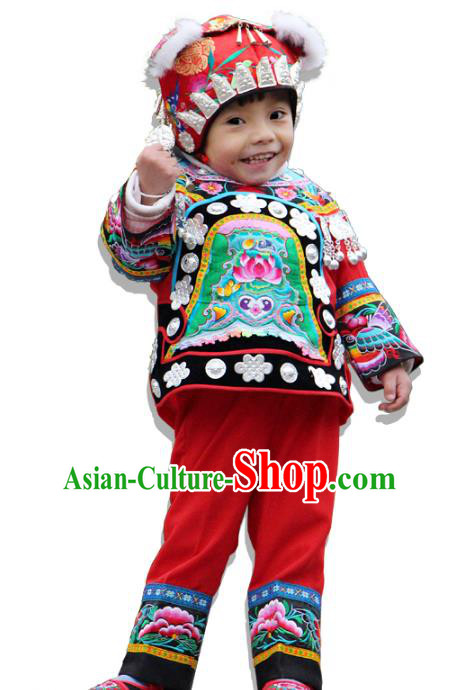 Traditional Chinese Miao Nationality Dance Costume and Headwear, Children Ethnic Pleated Skirt Minority Embroidery Clothing for Kids