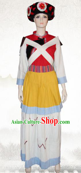 Traditional Chinese Naxi Nationality Dance Costume and Headwear, Nakhi Ethnic Pleated Skirt Minority Embroidery Clothing for Women