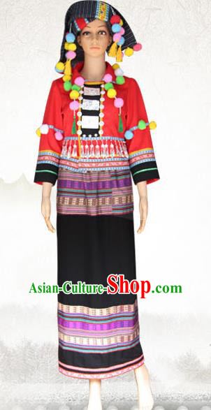 Traditional Chinese Wa Nationality Dance Costume and Headwear, China Ethnic Minority Embroidery Clothing and Headdress for Women