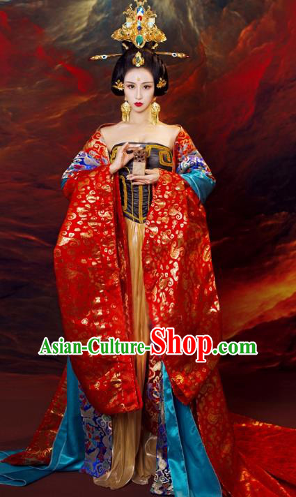 Chinese Ancient Imperial Empress Hanfu Dress Tang Dynasty Queen Embroidered Replica Costume and Headpiece for Women