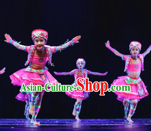 Traditional Chinese Miao Minority Folk Dance Costume, Children Classical Dance Ethnic Dress Clothing for Kids