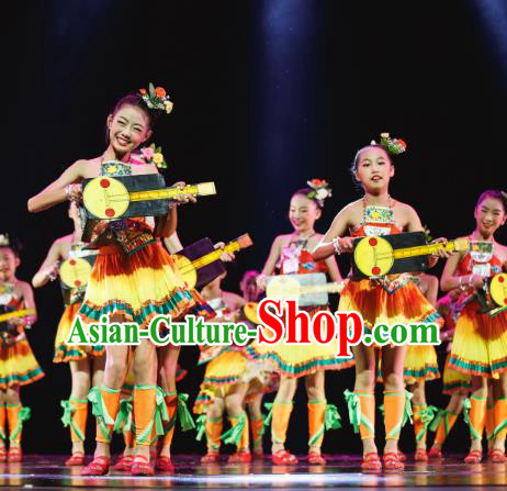 Traditional Chinese Dong Minority Folk Dance Costume, Children Yanko Dance Dress Clothing for Kids