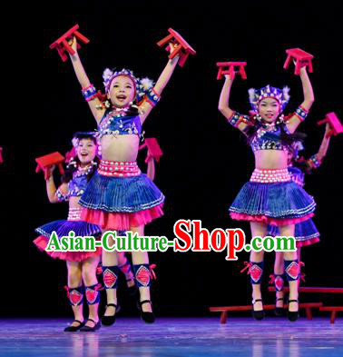 Chinese Traditional Folk Dance Ethnic Costume, Children Tujia National Minority Classical Dance Clothing for Kids