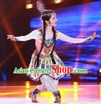 Traditional Chinese Uyghur Nationality Folk Dance Embroidered Costume, China Ethnic Minority Dance Clothing for Women