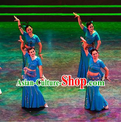 Traditional Chinese Folk Dance Yangge Dance Costume, China Yangko Classical Dance Blue Dress Clothing for Women