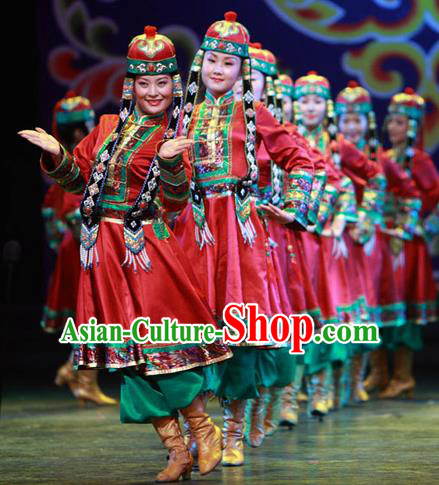 Traditional Chinese Zang Nationality Dancing Costume, Tibetan Female Folk Dance Ethnic Minority Nationality Embroidery Clothing for Women