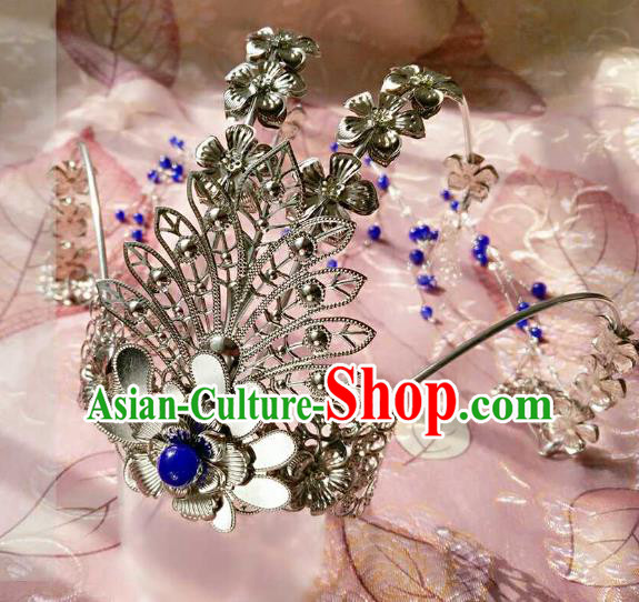 Chinese Traditional Ancient Hair Accessories Classical Blue Beads Tassel Phoenix Coronet Hanfu Hairpins for Women